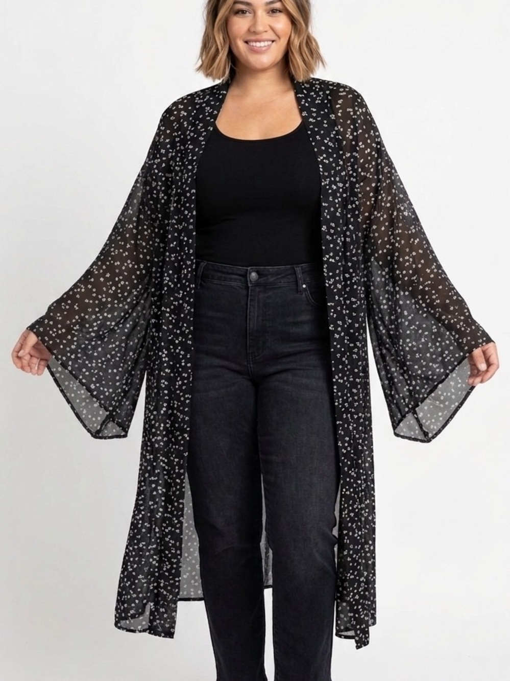 PENNINGTONS Black White Chiffon Kimono Duster Robe Open Front Tunic Size 2X/3X